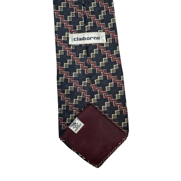 Claiborne Geometric Pattern Men's Silk Tie Red & Navy Vintage - Picture 3 of 5